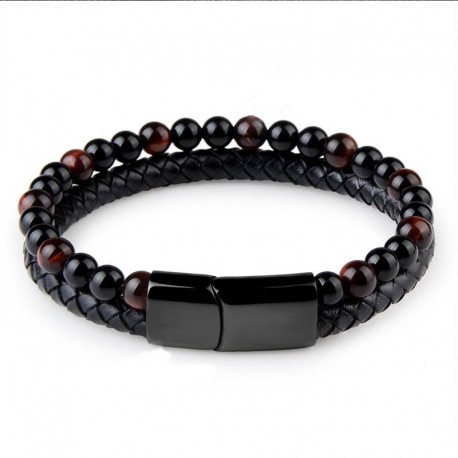 bracelet homme perles brunes et cuir - Bracelets- homme.com