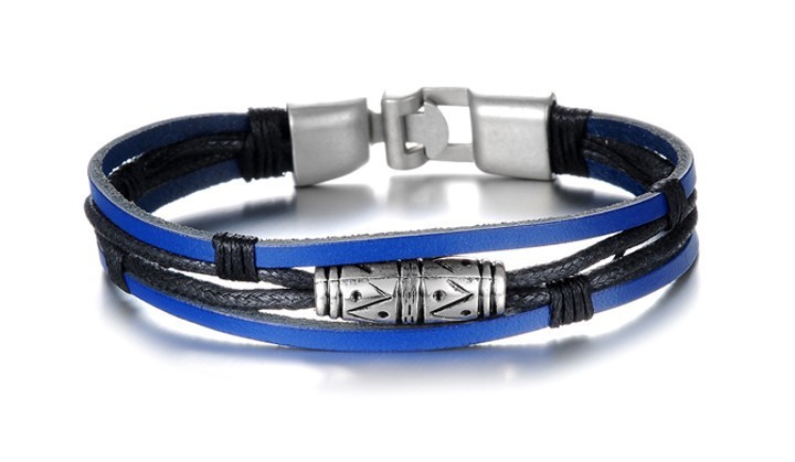 Bracelet acier, cuir tressé italien bleu - Apollon - Ocarat